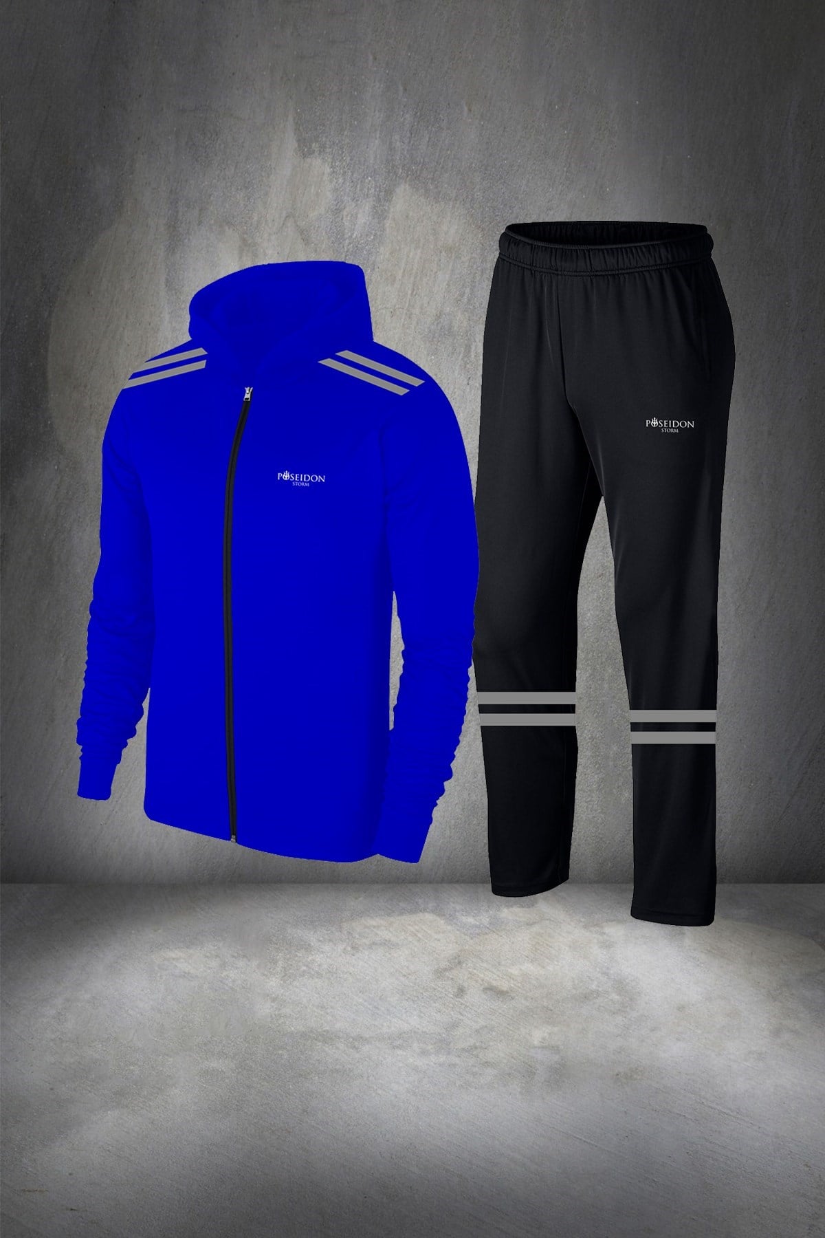 Erkek Mavi  İnterlok Kumaş Rahat Fermuarlı Kapüşonlu Eşofman Alt Üst Set S-3XL