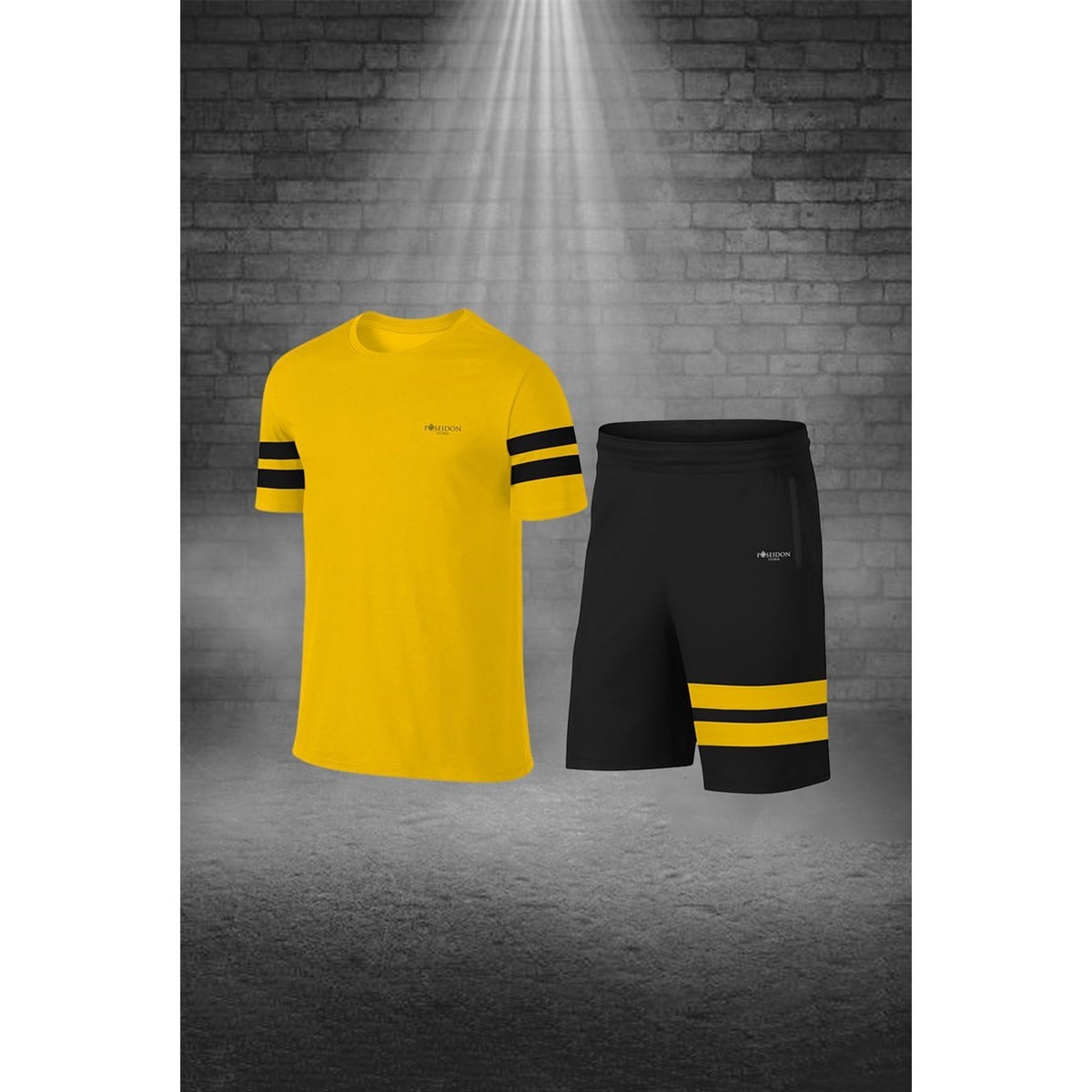 Erkek Sarı Dri-Fit Kumaş Düz Yuvarlak Yaka Kısa Kol Konforlu Tişört Şort Alt Üst İkili Takım Seti (S-3XL)