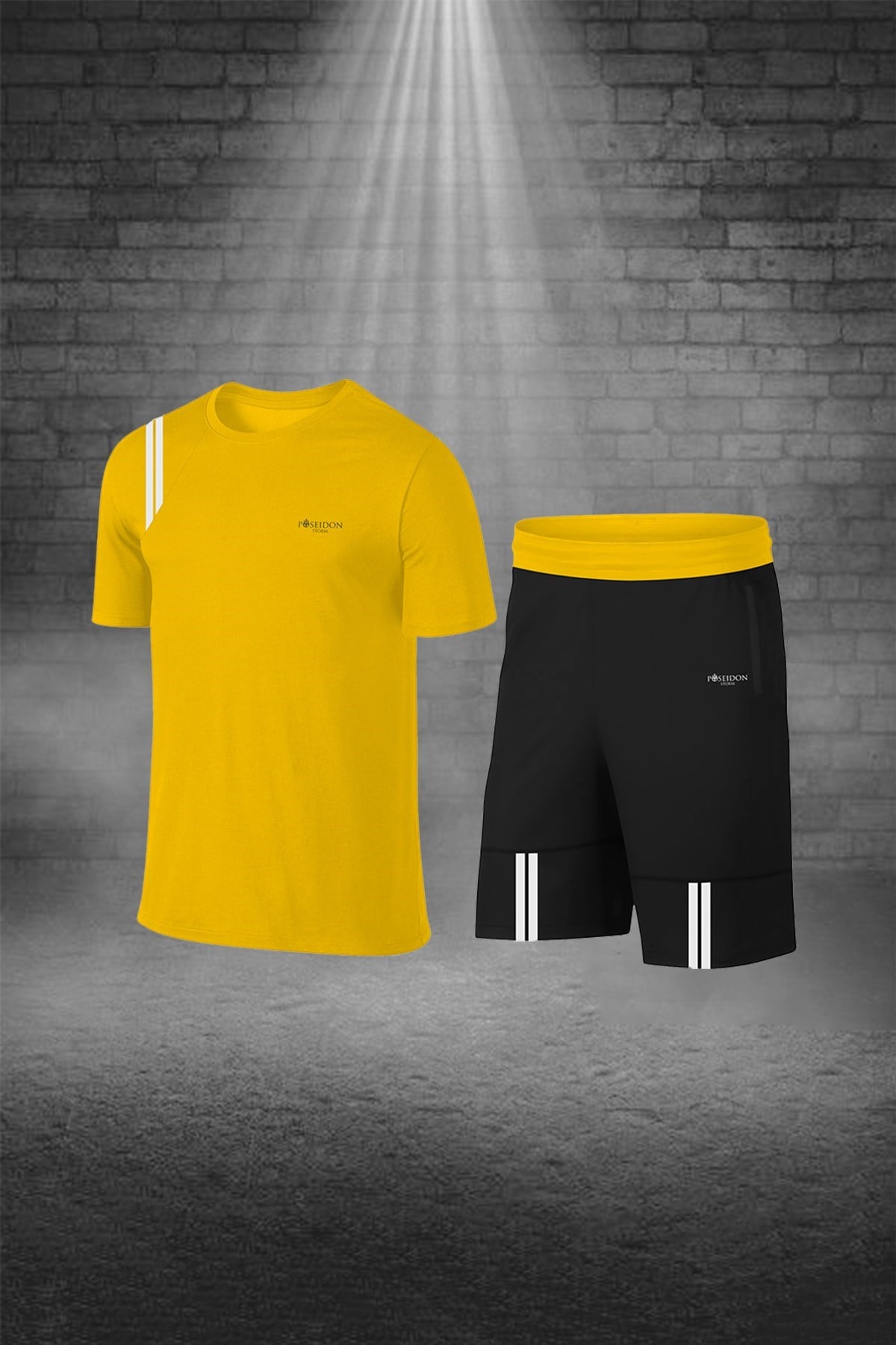 Erkek Sarı Dri-Fit Konforlu Cepli Sıfır Yaka Tişört Şort İkili Alt Üst Seti (S -3XL)