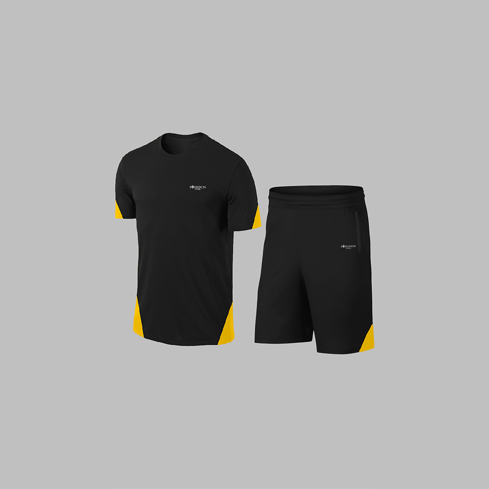 Erkek Siyah Dri-Fit Kumaş Cepli Baskısız Sıfır Yaka Kısa Kol Alt Üst Takım Tişört Şort Seti S-3XL