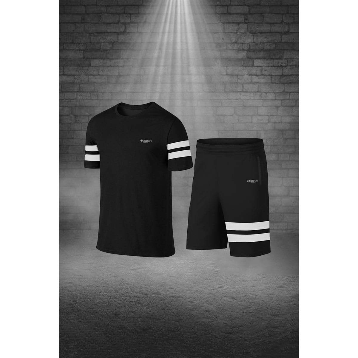 Erkek Siyah Dri-Fit Kumaş Yürüyüş için Konforlu Cepli Sıfır Yaka Tişört Şort İkili Alt Üst Spor Seti (S-3XL)