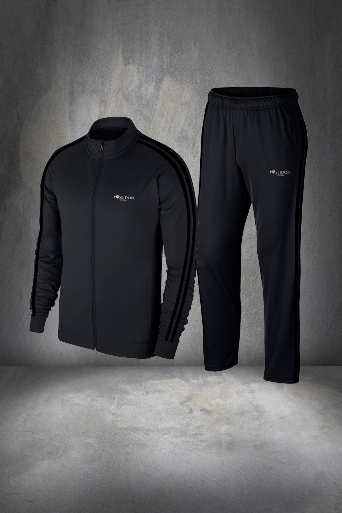 Erkek Siyah Günlük Sporcu Eşofman Takımı S-3XL siyah çift şerit - M2