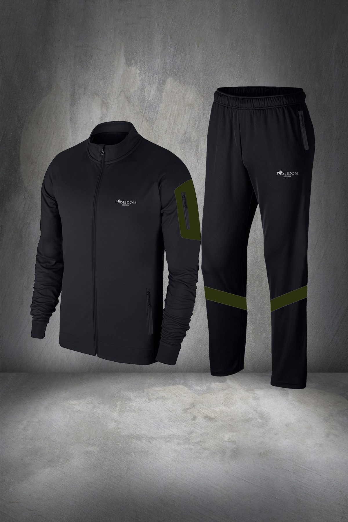 Erkek Siyah İnterlok Kumaş Cepli Fermuarlı Spor Eşofman Takımı S-3XL
