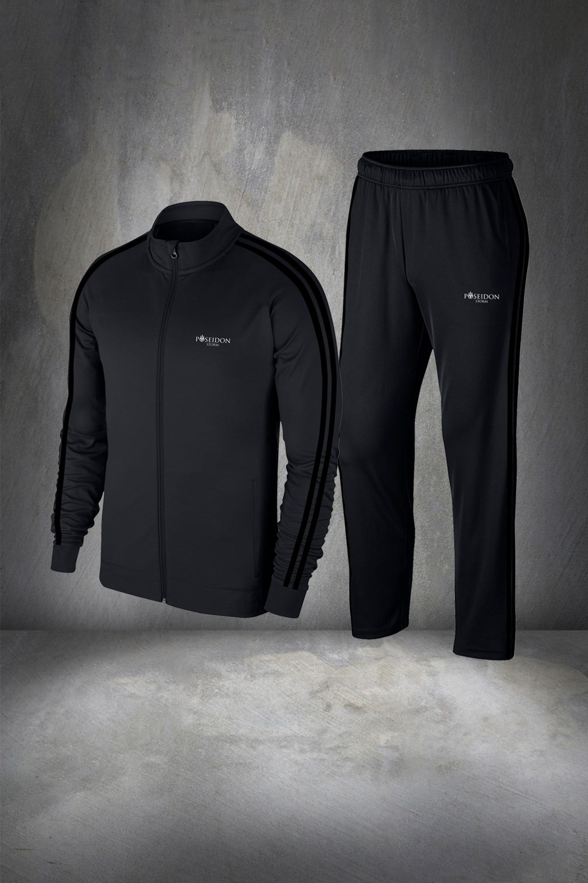 Erkek Siyah İnterlok Kumaş Fit Regular Kalıp Yürüyüş Koşu Eşofman Seti S-3XL