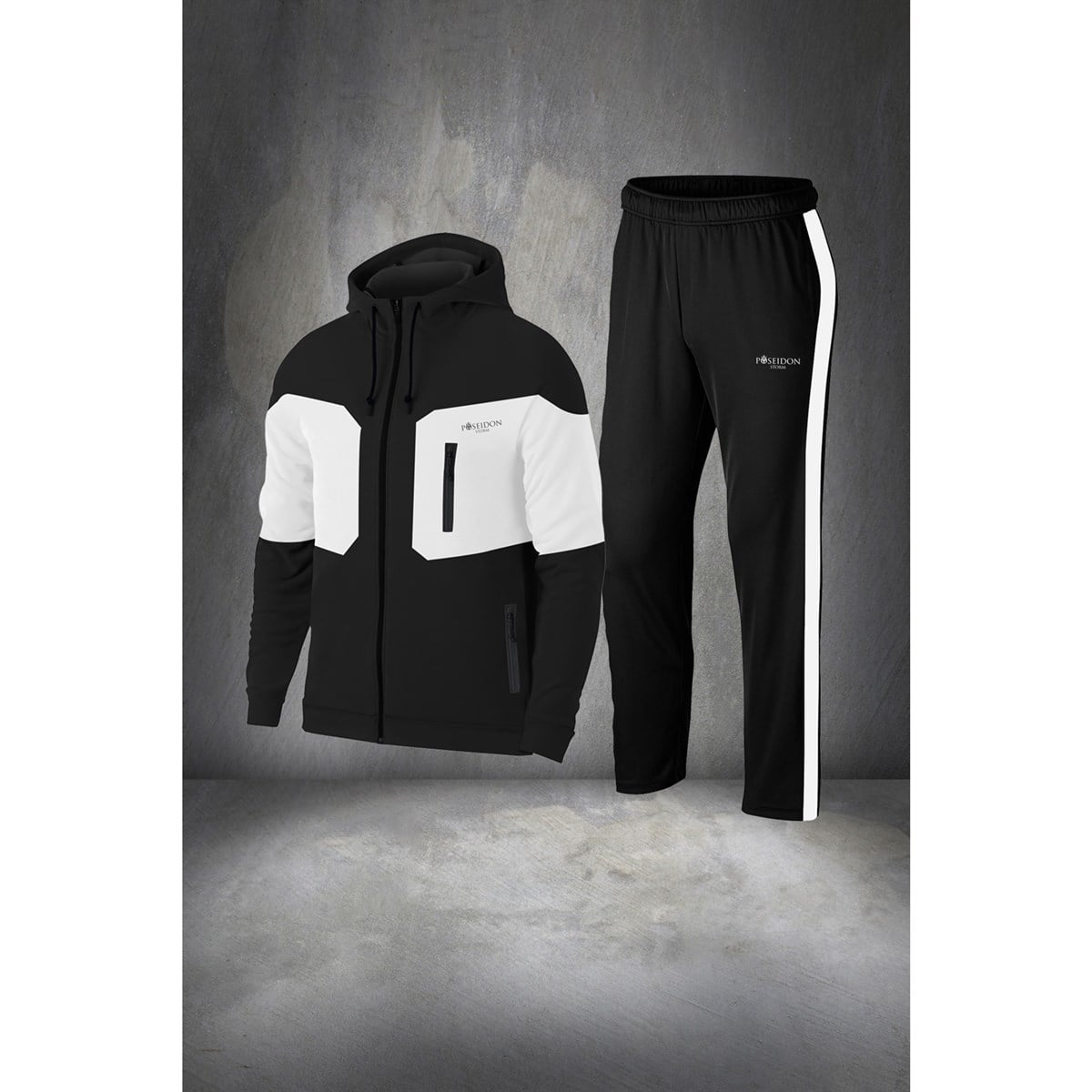 Erkek Siyah İnterlok Kumaş Şeritli Rahat Kapüşonlu Eşofman Takımı S-3XL