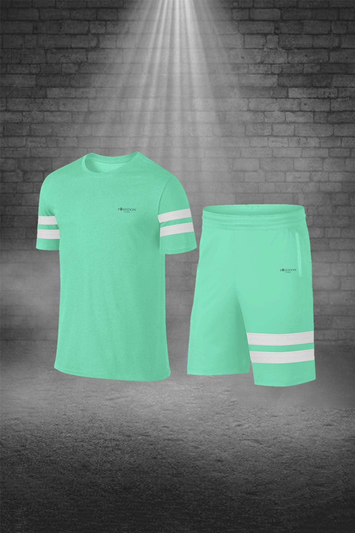 Erkek Su Yeşili Dri-Fit Kumaş Baskısız Yuvarlak Yaka Kısa Kol Tişört Şort Alt Üst Takım S-3XL