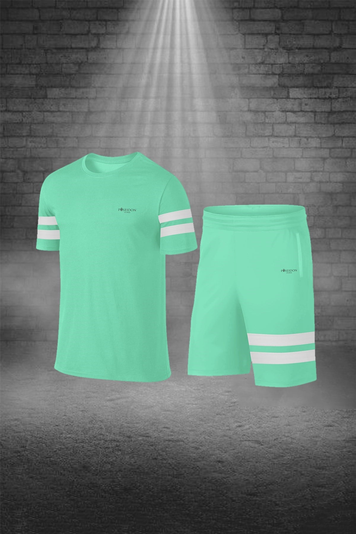 Erkek Su Yeşili Dri-Fit Baskısız Yuvarlak Yaka Kısa Kol Tişört Şort Alt Üst Set (S -3XL)