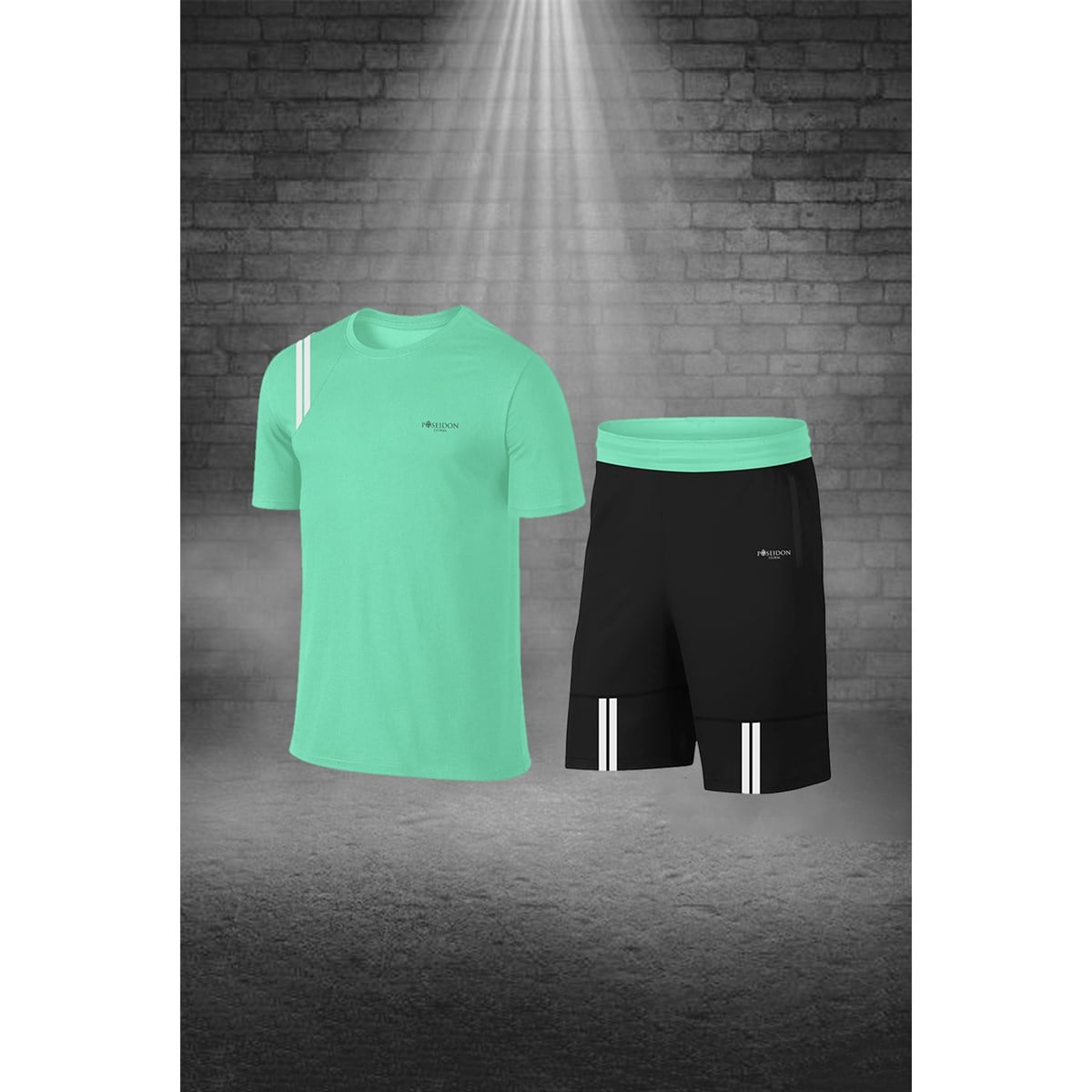Erkek Su Yeşili  Dri-Fit Kumaş Cepli Bisiklet Yaka Sporcu Günlük Tişört Şort İkili Takım S-3XL