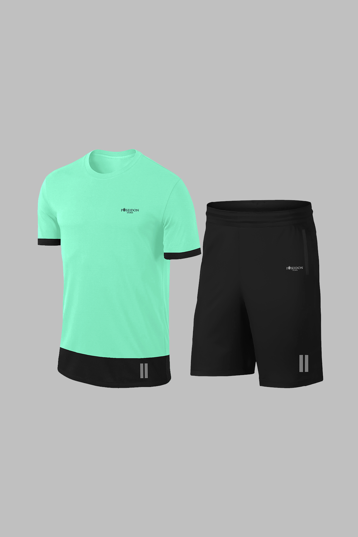 Erkek Su Yeşili Dri-Fit Kumaş Cepli Düz Kısa Kol Konforlu Rahat Tişört Şort Alt Üst Spor Seti (S-3XL)