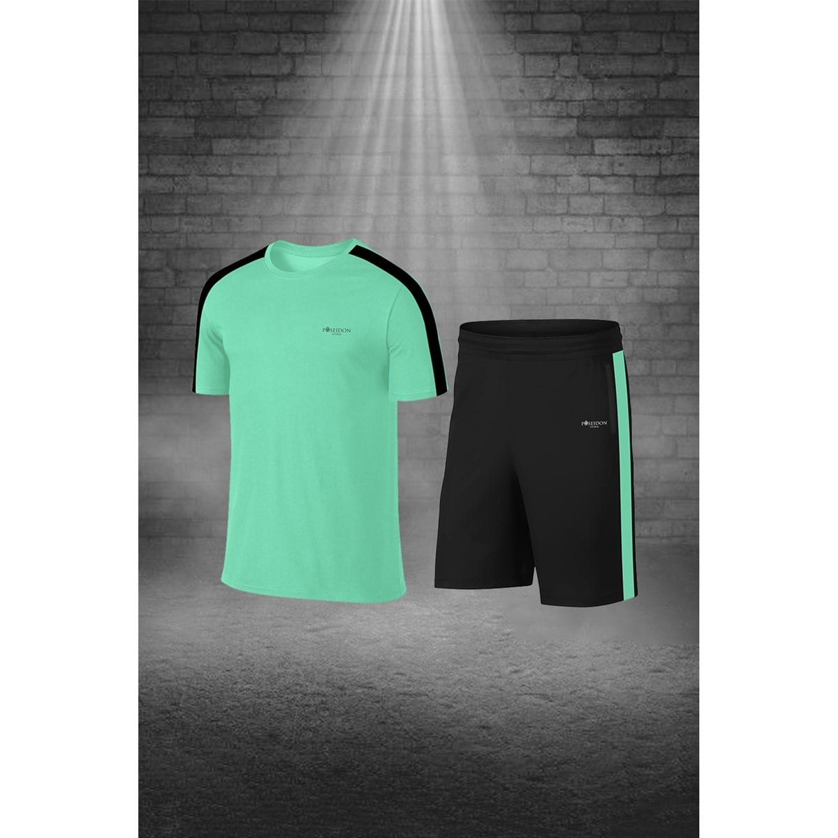 Erkek Su Yeşili Dri-Fit Kumaş Düz Kısa Kol Konforlu Tişört Şort Alt Üst İkili Takım Seti S-3XL