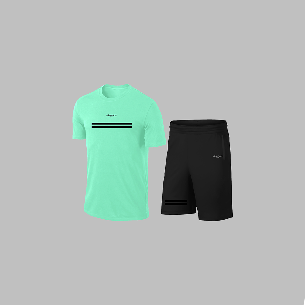 Erkek Su Yeşili Dri-Fit Kumaş Spor için Konforlu Cepli Kısa Kol Tişört Şort İkili Takım S-3XL