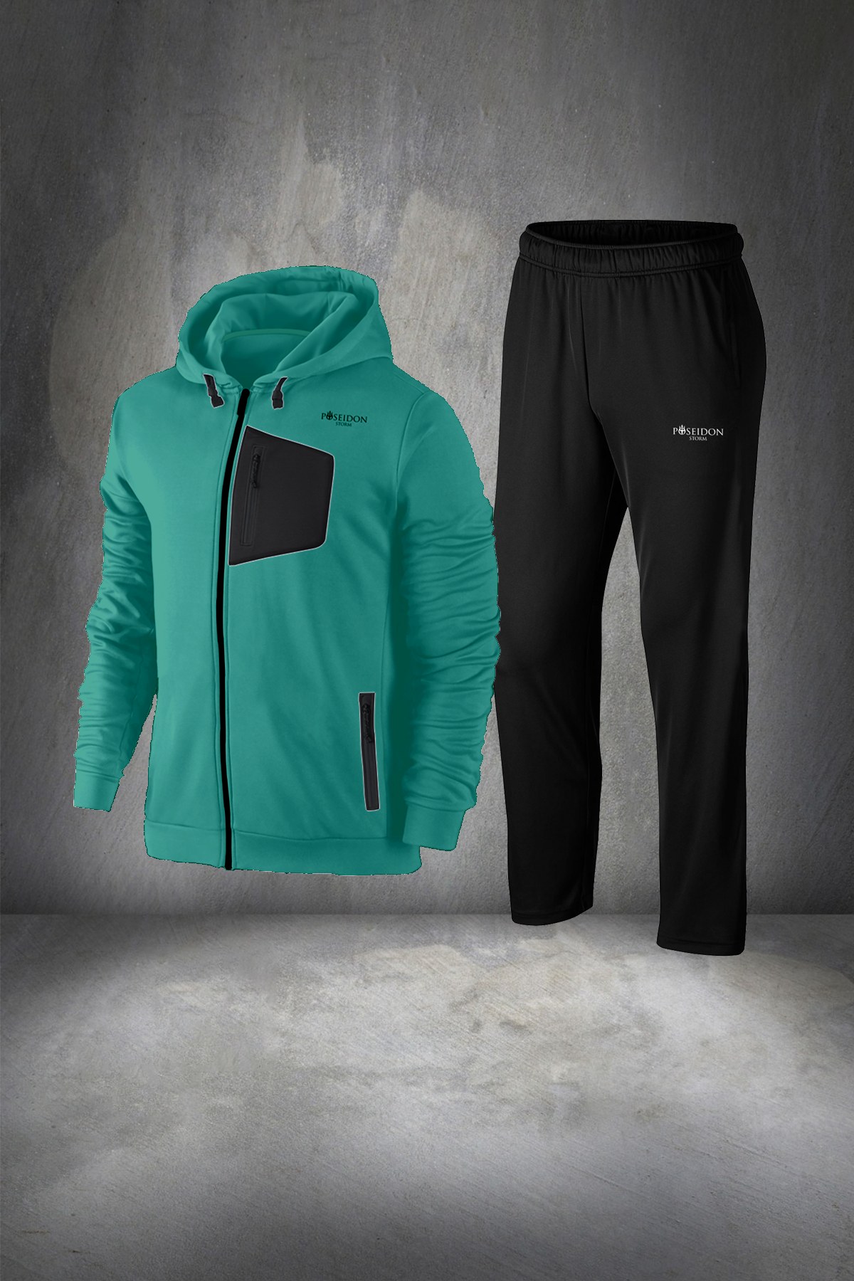 Erkek Su Yeşili İnterlok Kumaş Rahat Regular Fit Kapüşonlu Yürüyüş Takımı S-3XL