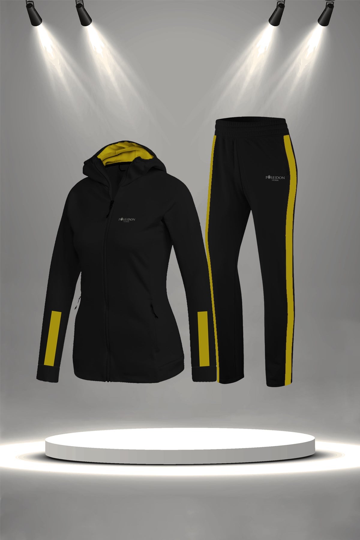 Kadın Siyah İnterlok Kumaş Günlük Sporcu Yürüyüş Eşofman Takımı Seti S-3XL