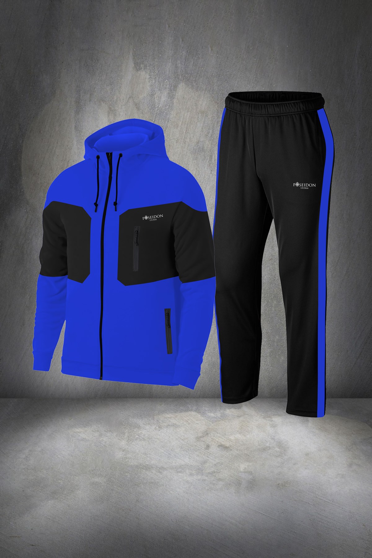 Oversize Erkek Mavi İnterlok Kumaş Cepli Rahat Eşofman Takımı  4XL-10XL