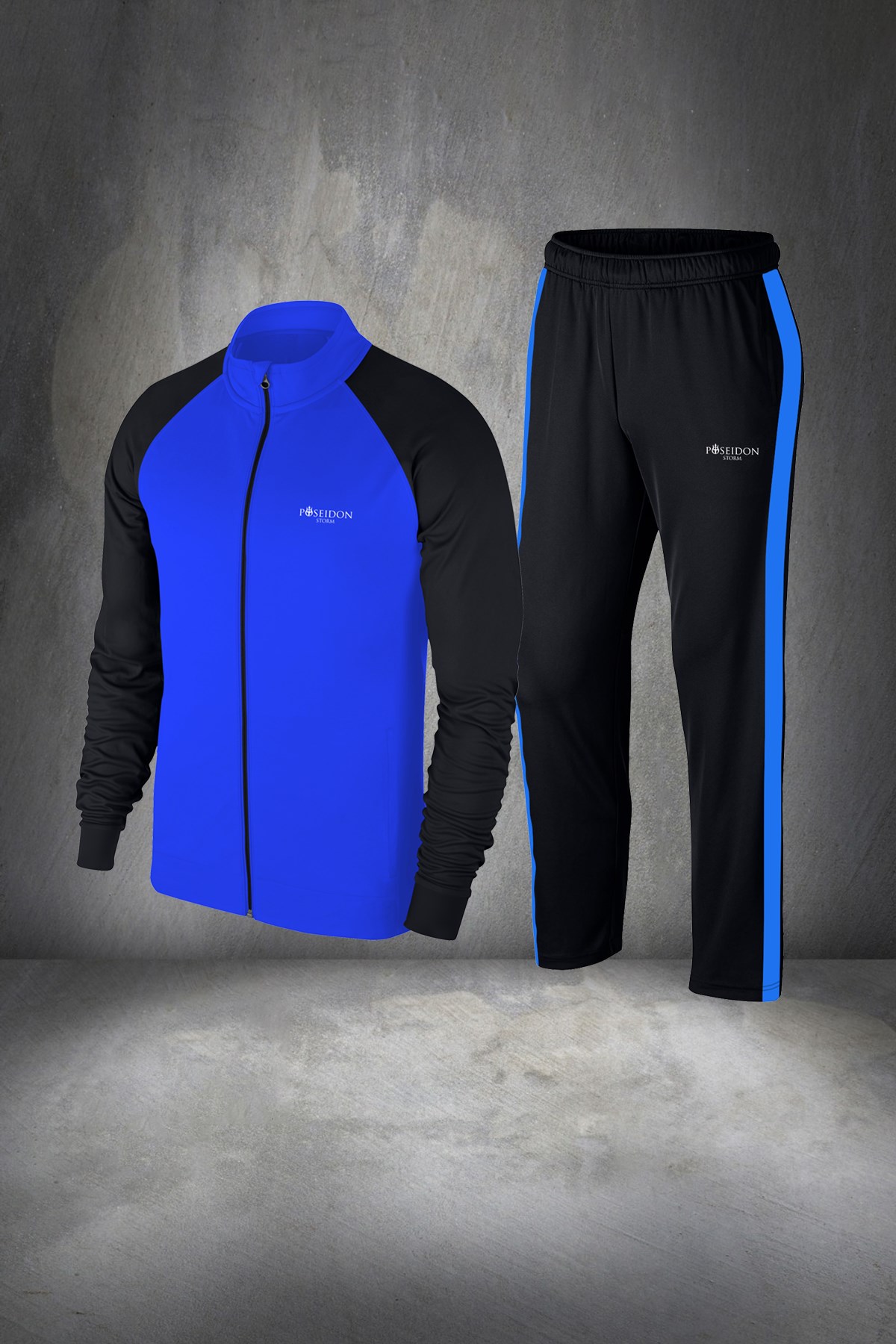 Battal Beden Erkek Mavi İnterlok Kumaş Mevsimlik Fermuarlı Eşofman Takımı 4XL-10XL