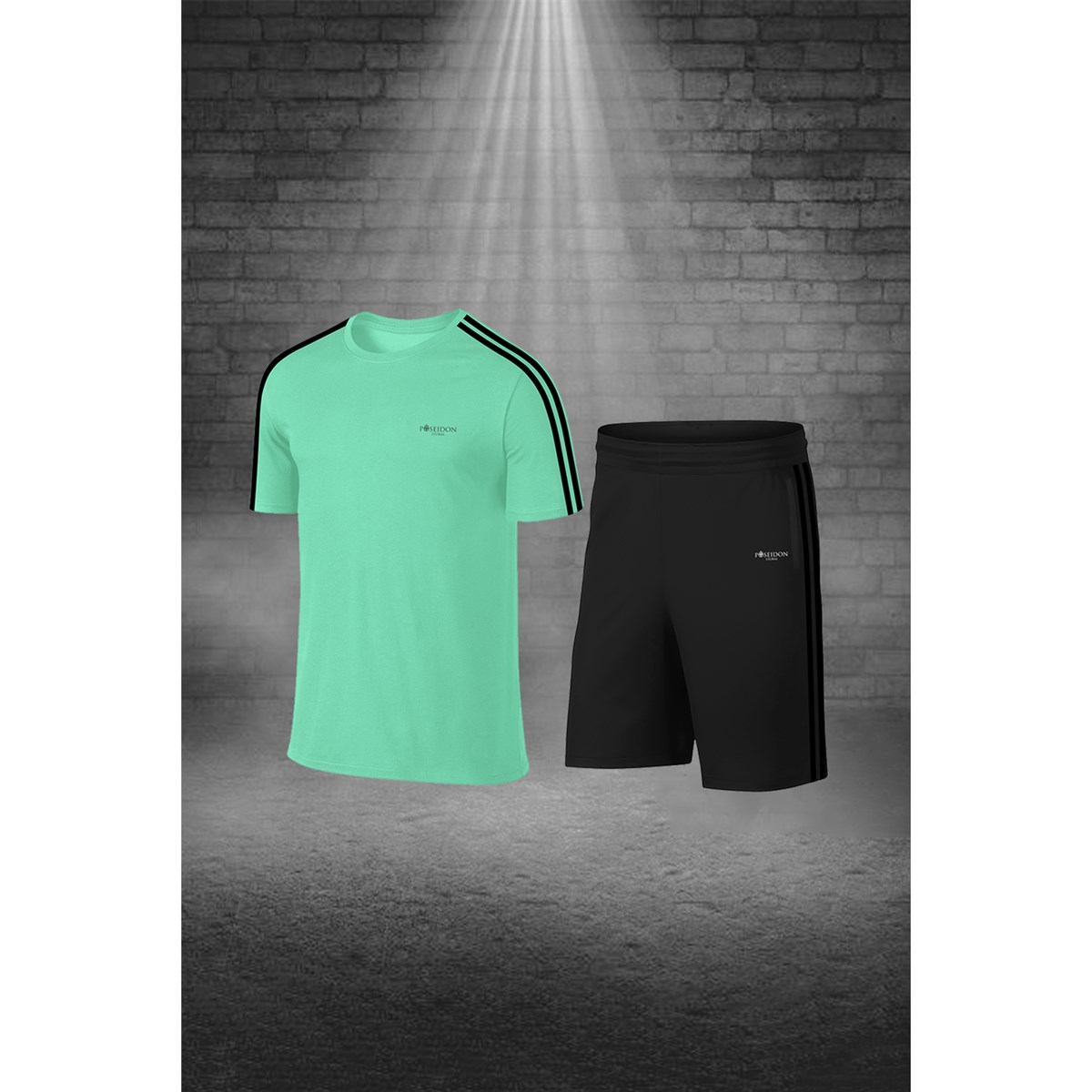 Battal Beden Erkek Su Yeşili Dri-Fit Kumaş Spor için Konforlu Cepli Kısa Kol Tişört Şort İkili Takım  4XL-10XL