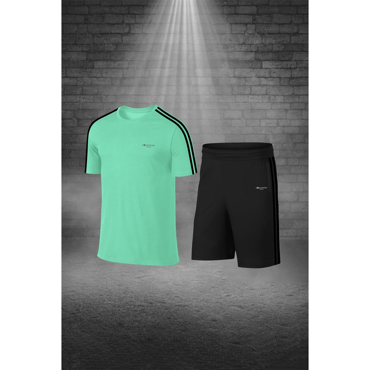 Battal Beden Erkek Su Yeşili Dri-Fit Kumaş Spor için Konforlu Cepli Kısa Kol Tişört Şort İkili Takım  4XL-10XL