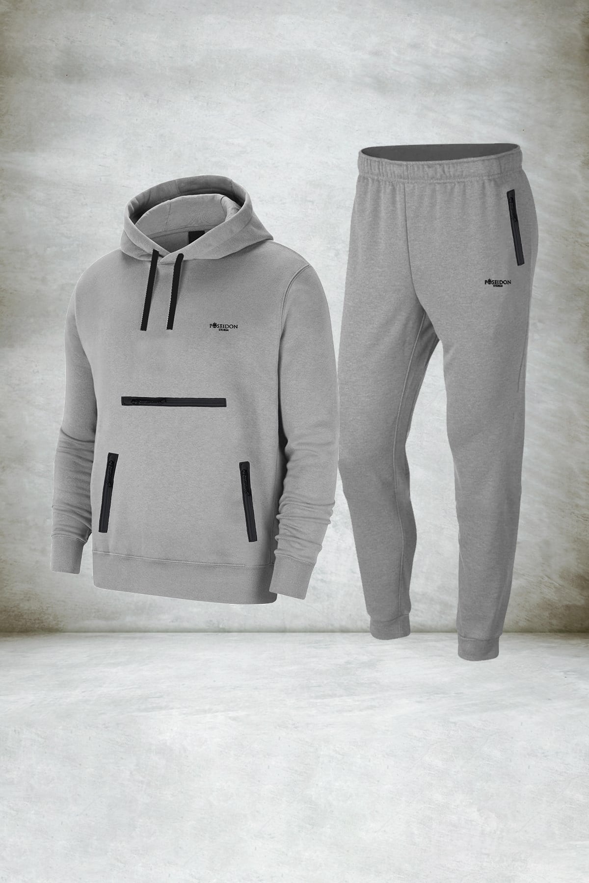 Büyük Beden Erkek Gri Openet Kumaş Alt ve Üst Eşofman Takımı Seti 4XL-10XL