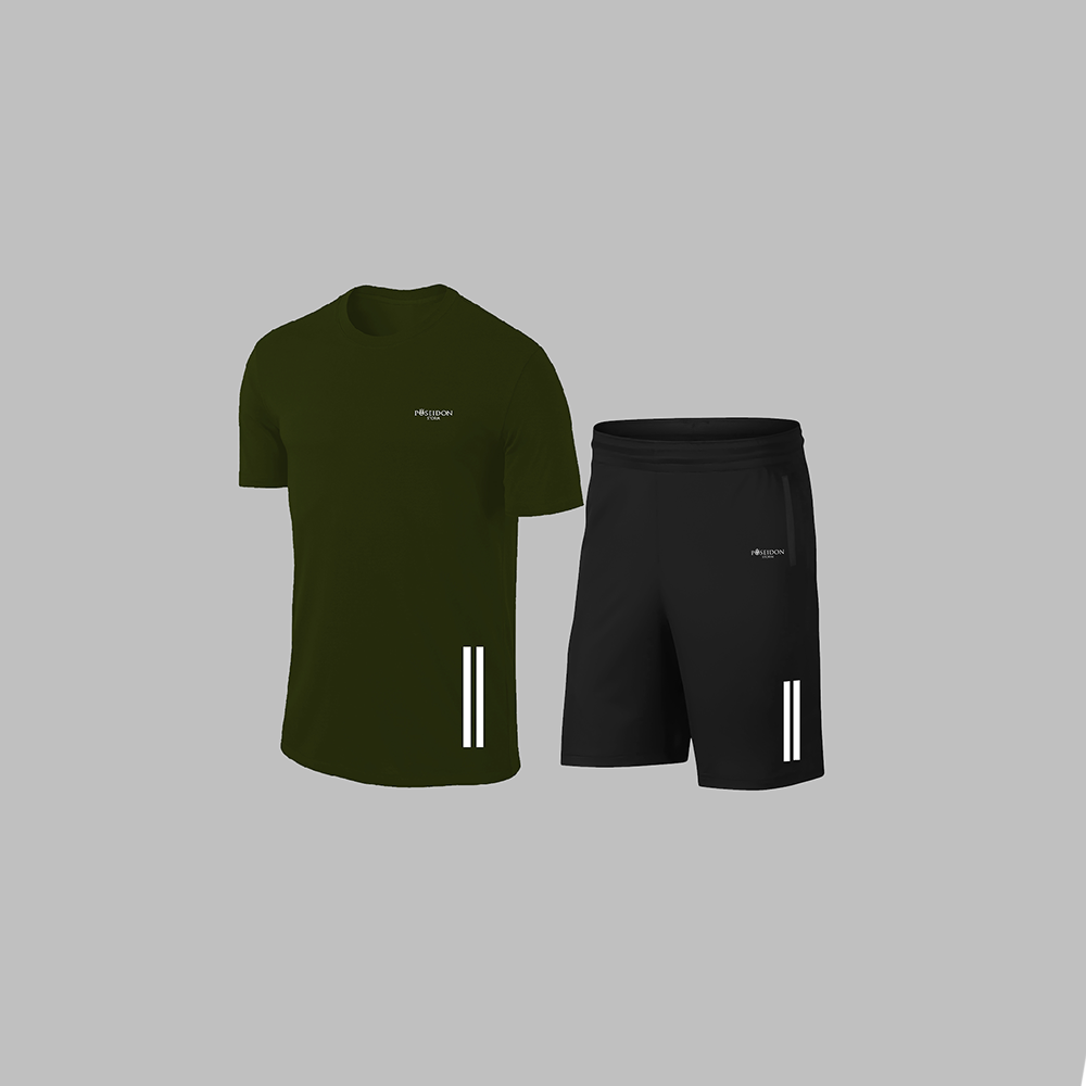 Büyük Beden Erkek Haki Dri-Fit Kumaş Yürüyüş ve Koşu için Konforlu Cepli Sıfır Yaka Tişört Şort İkili Alt Üst Set  4XL-10XL