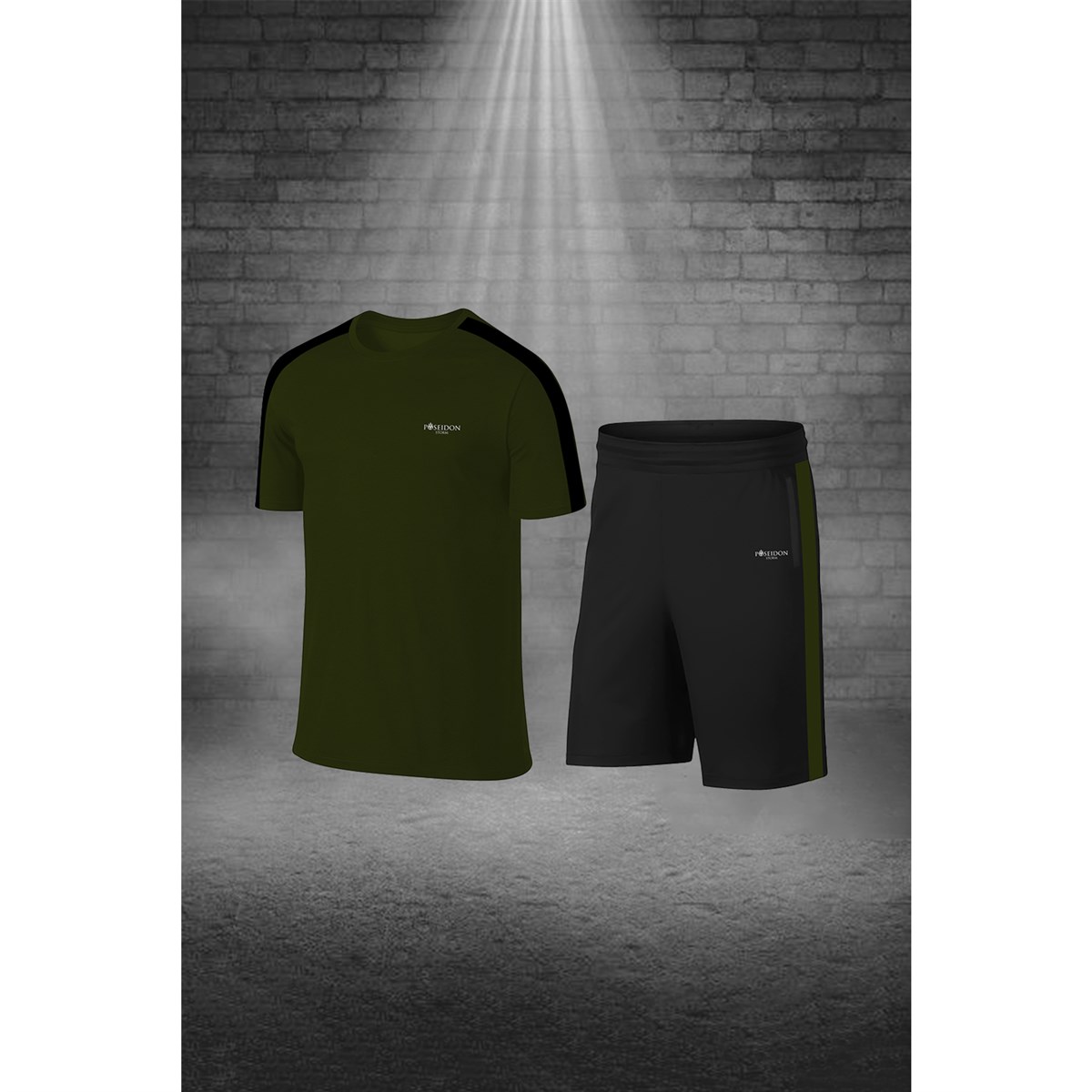 Büyük Beden Erkek Haki Dri-Fit Kumaş Yürüyüş ve Koşu için Konforlu Cepli Sıfır Yaka Tişört Şort İkili Alt Üst Seti  4XL-10XL