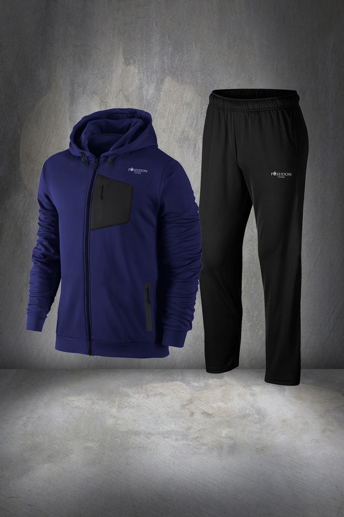 Büyük Beden Erkek Lacivert Günlük Sporcu Eşofman Takımı 4XL-10XL - önü siyah cepli - M13