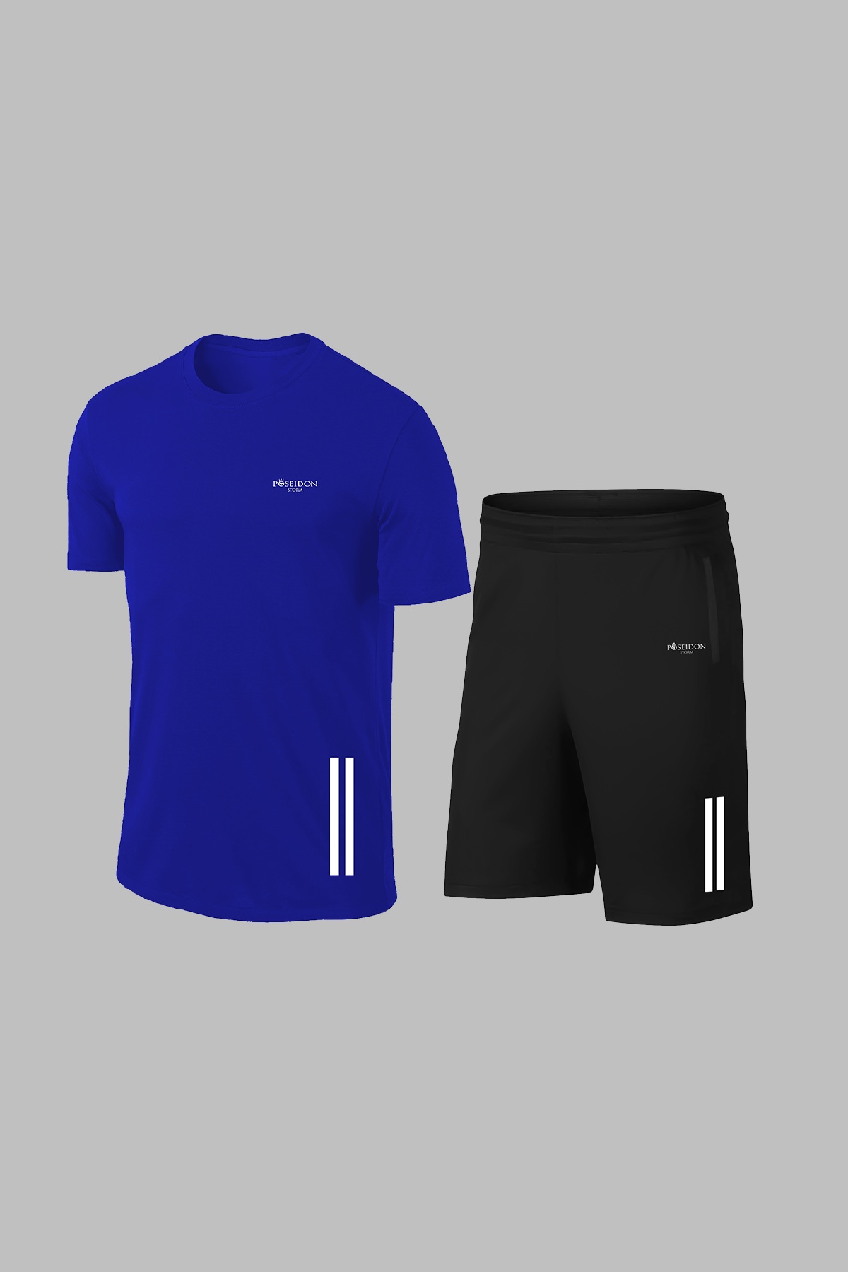 Büyük Beden Erkek Mavi Dri-Fit Kumaş Antrenman ve Koşu için Konforlu Cepli Düz Tişört Şort Seti  (4XL-10XL)