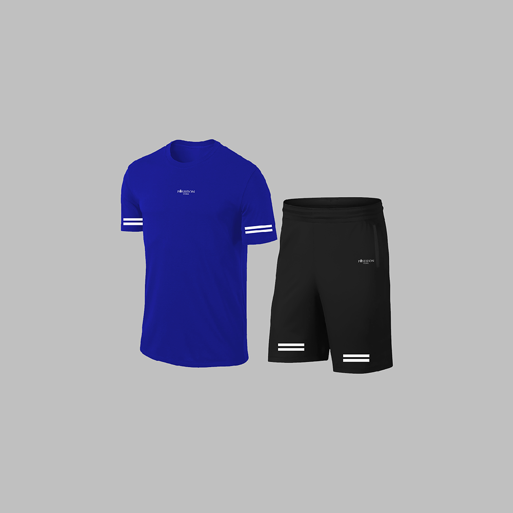 Büyük Beden Erkek Mavi Dri-Fit Kumaş Antrenman ve Koşu için Konforlu Cepli Kısa Kol Tişört Şort İkili Takım  4XL-10XL