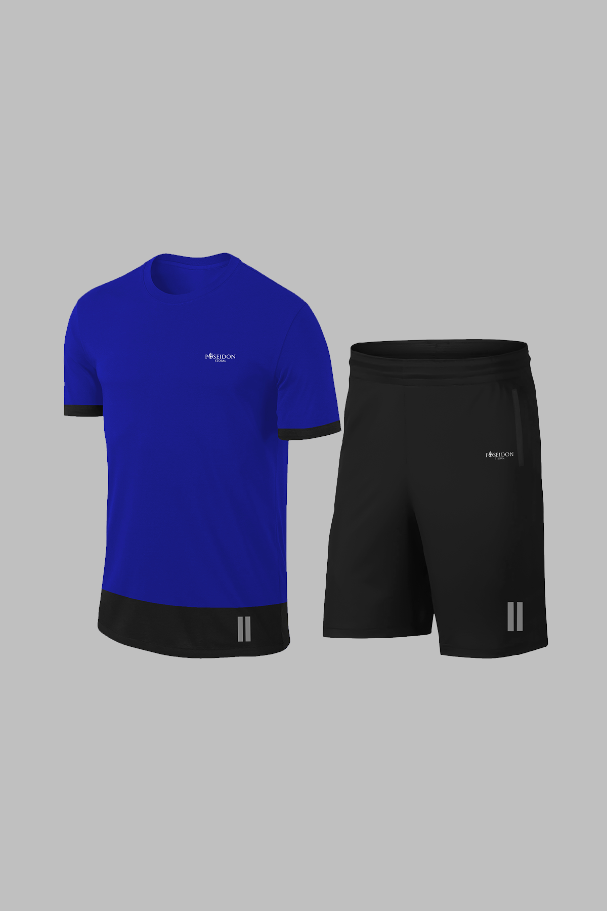 Büyük Beden Erkek Mavi Dri-Fit Kumaş Cepli Baskısız Bisiklet Yaka Sporcu Tişört Şort Alt Üst İkili Takım  (4XL-10XL)