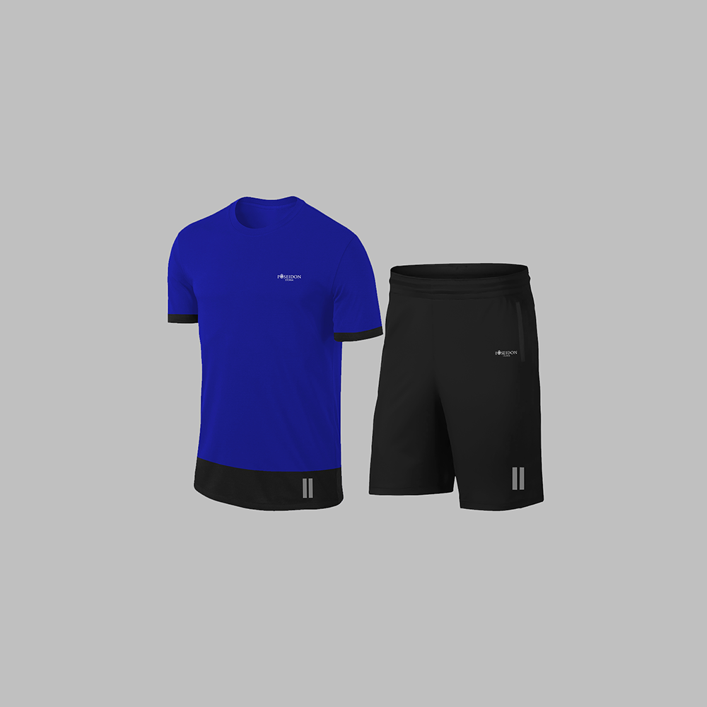 Büyük Beden Erkek Mavi Dri-Fit Kumaş Cepli Baskısız Bisiklet Yaka Sporcu Tişört Şort Alt Üst İkili Takım 4XL-10XL