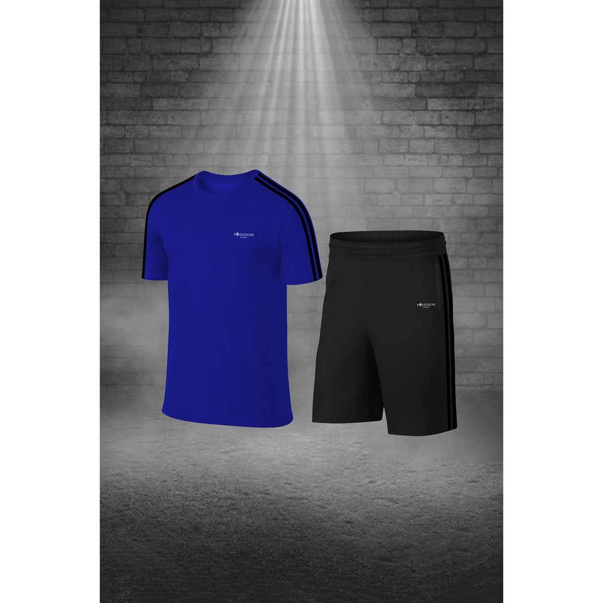 Büyük Beden Erkek Mavi Dri-Fit Kumaş Spor için Konforlu Cepli Kısa Kol Tişört Şort İkili Takım   4XL-10XL