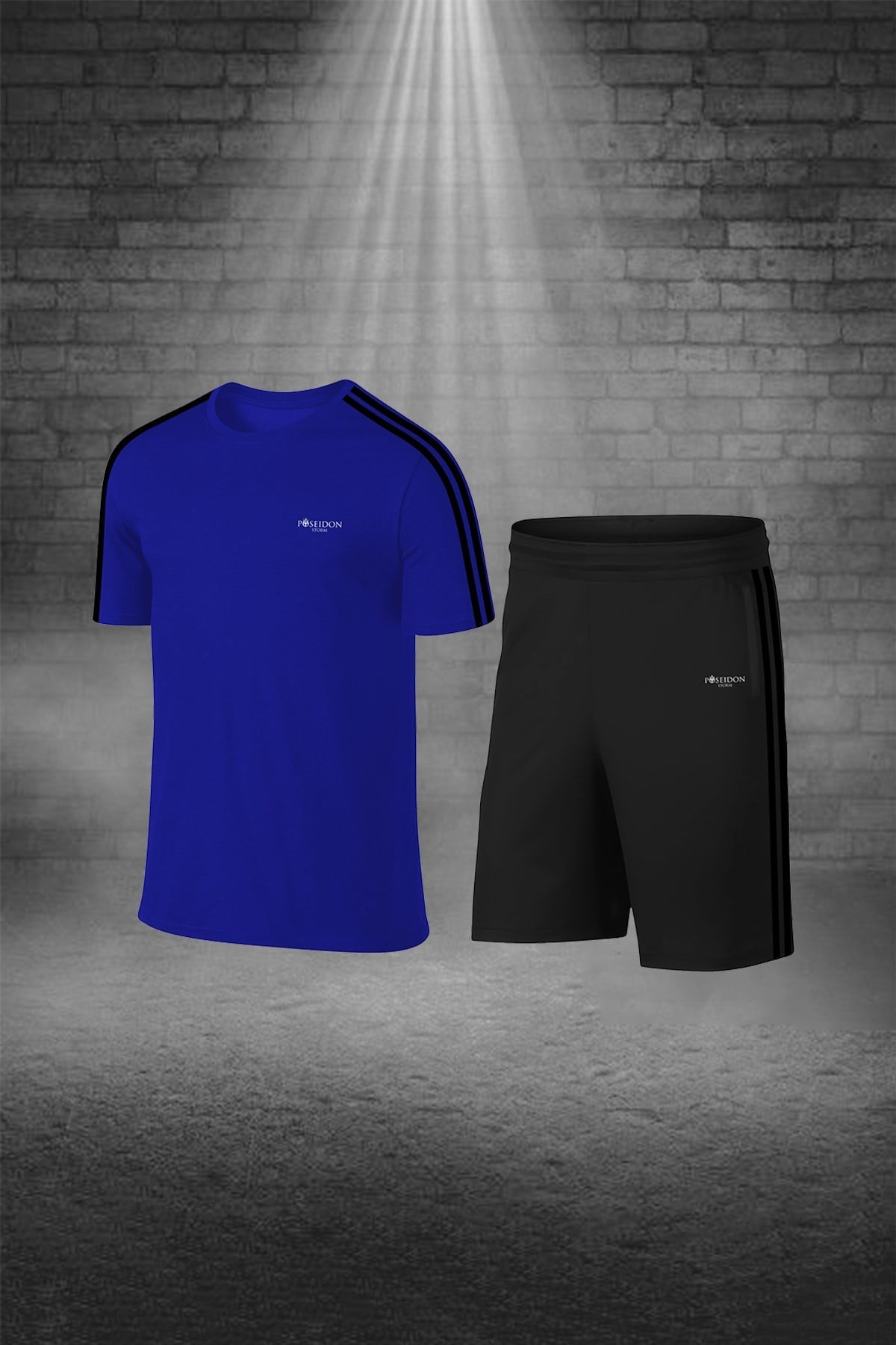 Büyük Beden Erkek Mavi Dri-Fit Kumaş Spor için Konforlu Cepli Kısa Kol Tişört Şort İkili Takım   4XL-10XL
