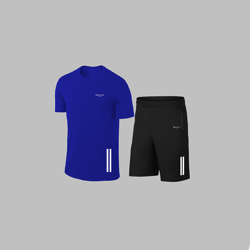 Büyük Beden Erkek Mavi Dri-Fit Kumaş Spor için Konforlu Cepli Kısa Kol Tişört Şort İkili Takım   4XL-10XL
