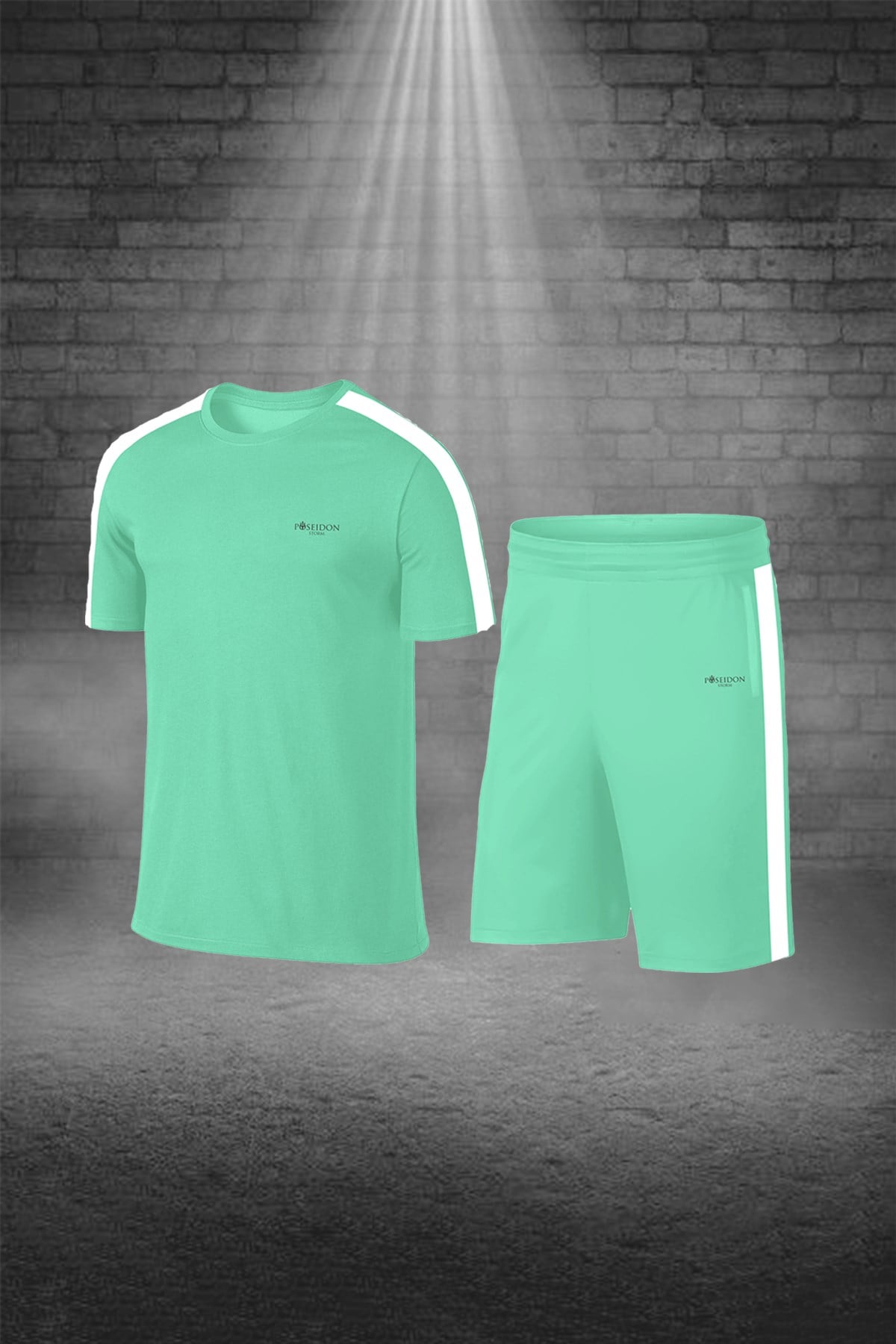 Büyük Beden Erkek Mint Yeşili Günlük Sporcu Tişört ve Şort Takımı 4XL-10XL beyaz çift şerit - M3