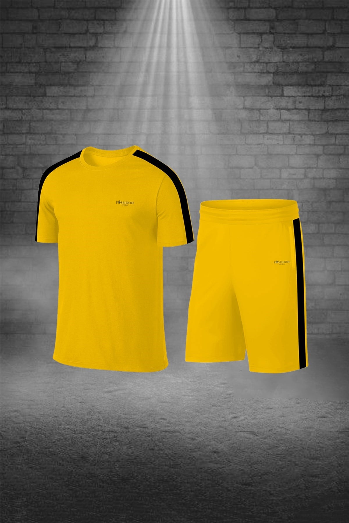 Büyük Beden Erkek Sarı Dri-Fit Kumaş Baskısız Konforlu Tişört Şort Alt Üst İkili Takım Seti 4XL-10XL