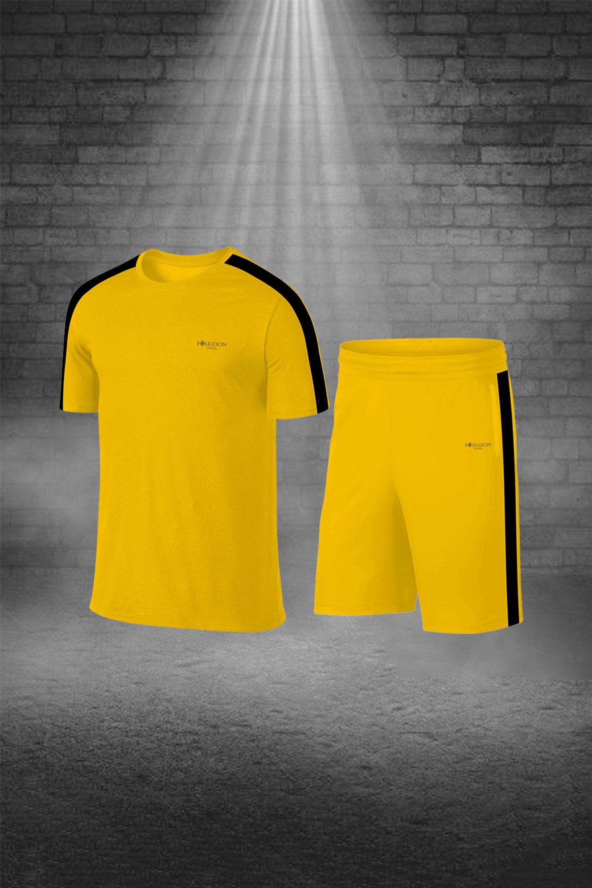 Büyük Beden Erkek Sarı Dri-Fit Kumaş Düz Kısa Kol Konforlu Tişört Şort Alt Üst İkili Takım Seti   4XL-10XL