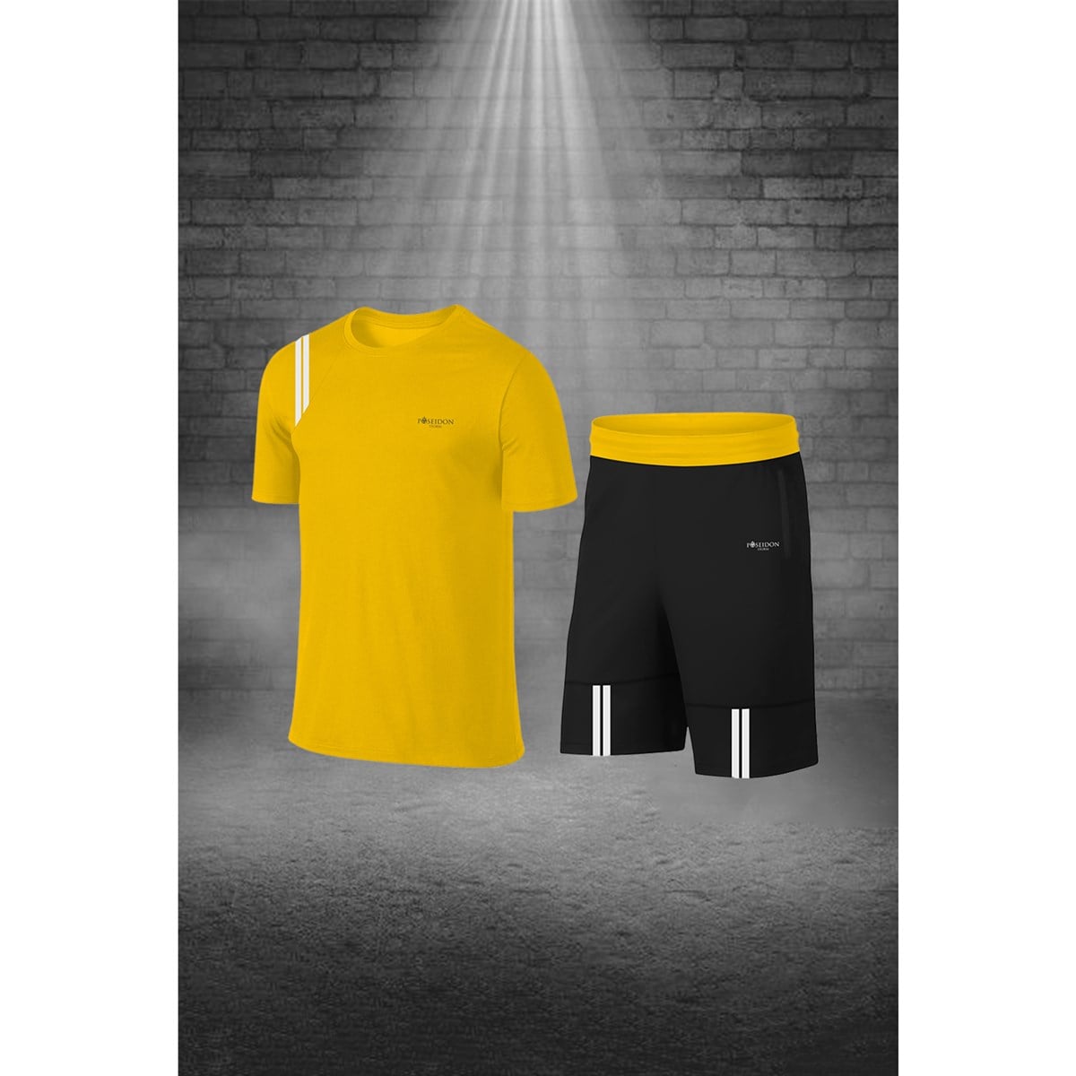 Büyük Beden Erkek Sarı Dri-Fit Kumaş Konforlu Cepli Sıfır Yaka Tişört Şort İkili Alt Üst Seti  4XL-10XL