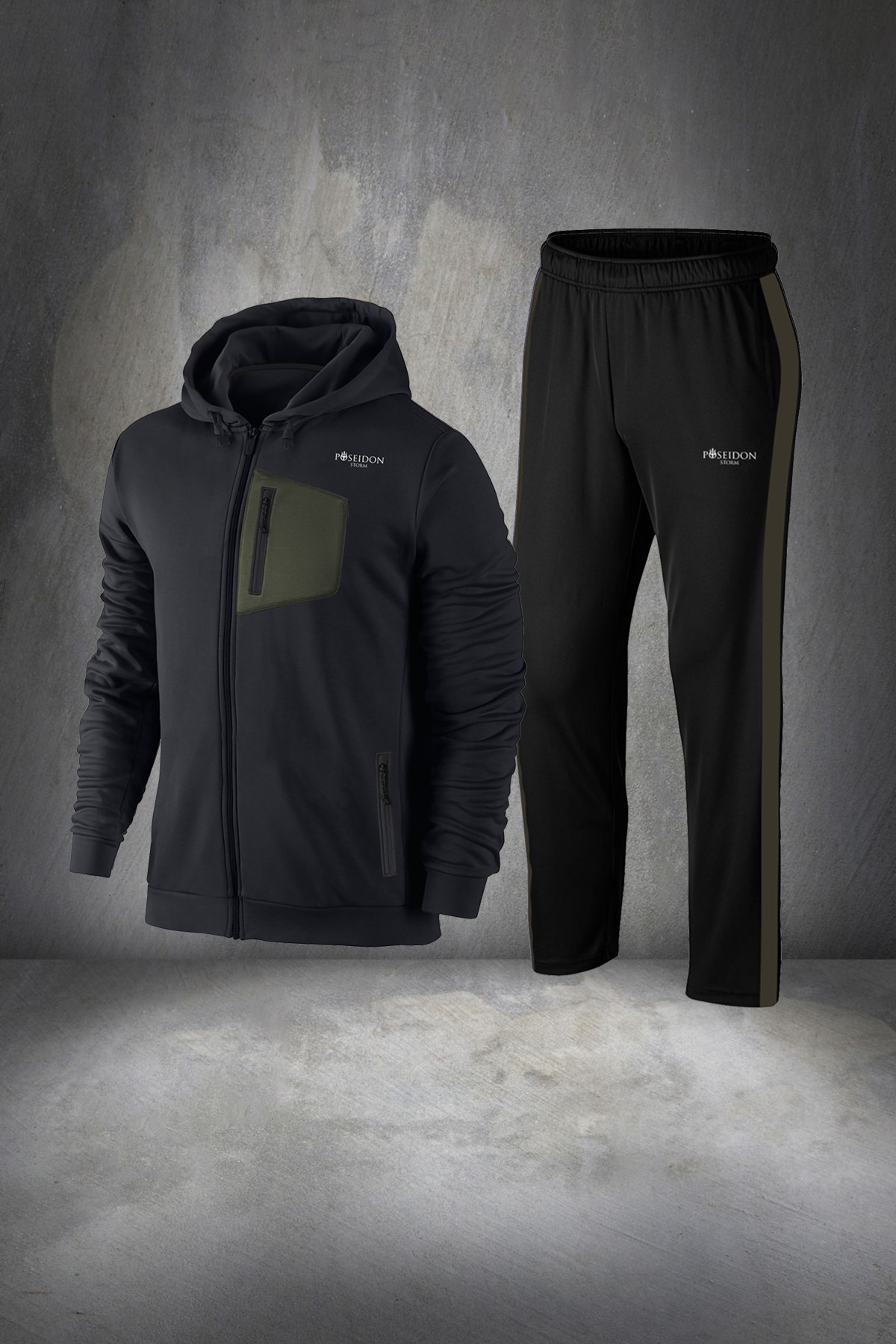 Büyük Beden Erkek Siyah Günlük Sporcu Eşofman Takımı 4XL-10XL - önü haki cepli - M13