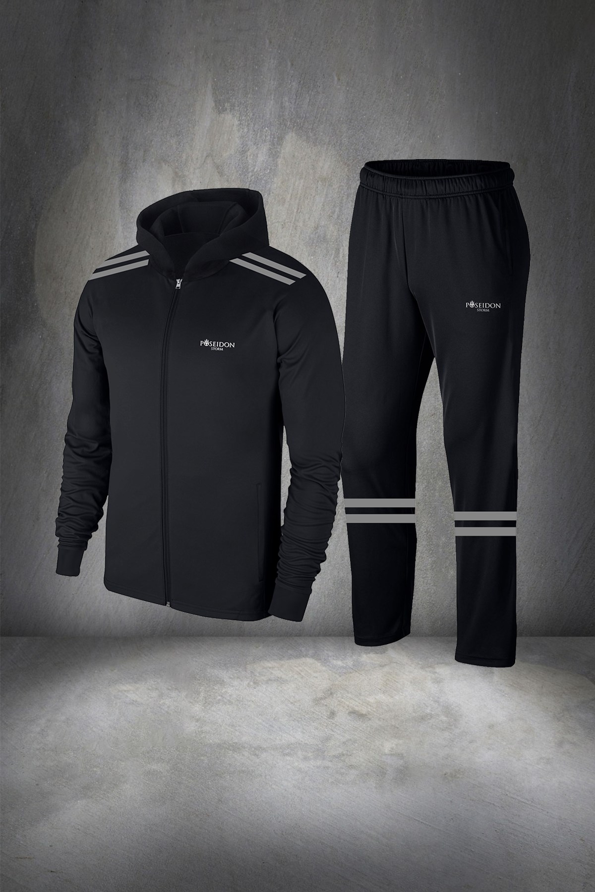 Büyük Beden Erkek Siyah  İnterlok Kumaş Fermuarlı Cepli Rahat Spor Eşofman Takımı  4XL-10XL