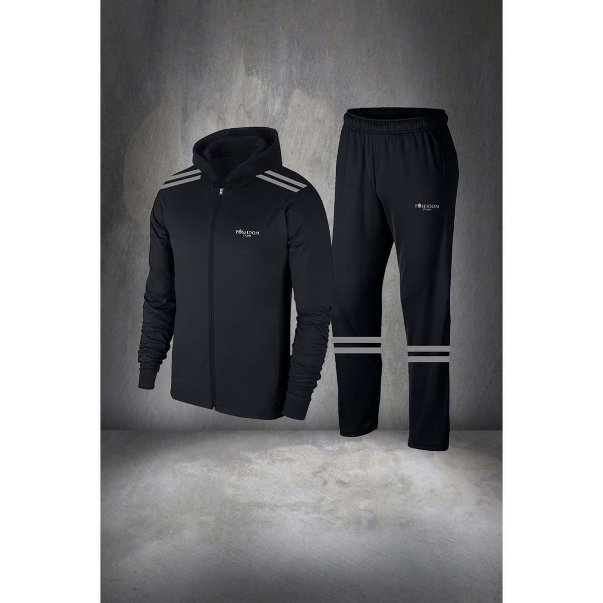 Büyük Beden Erkek Siyah  İnterlok Kumaş Fermuarlı Cepli Rahat Spor Eşofman Takımı   (4XL- 10XL)