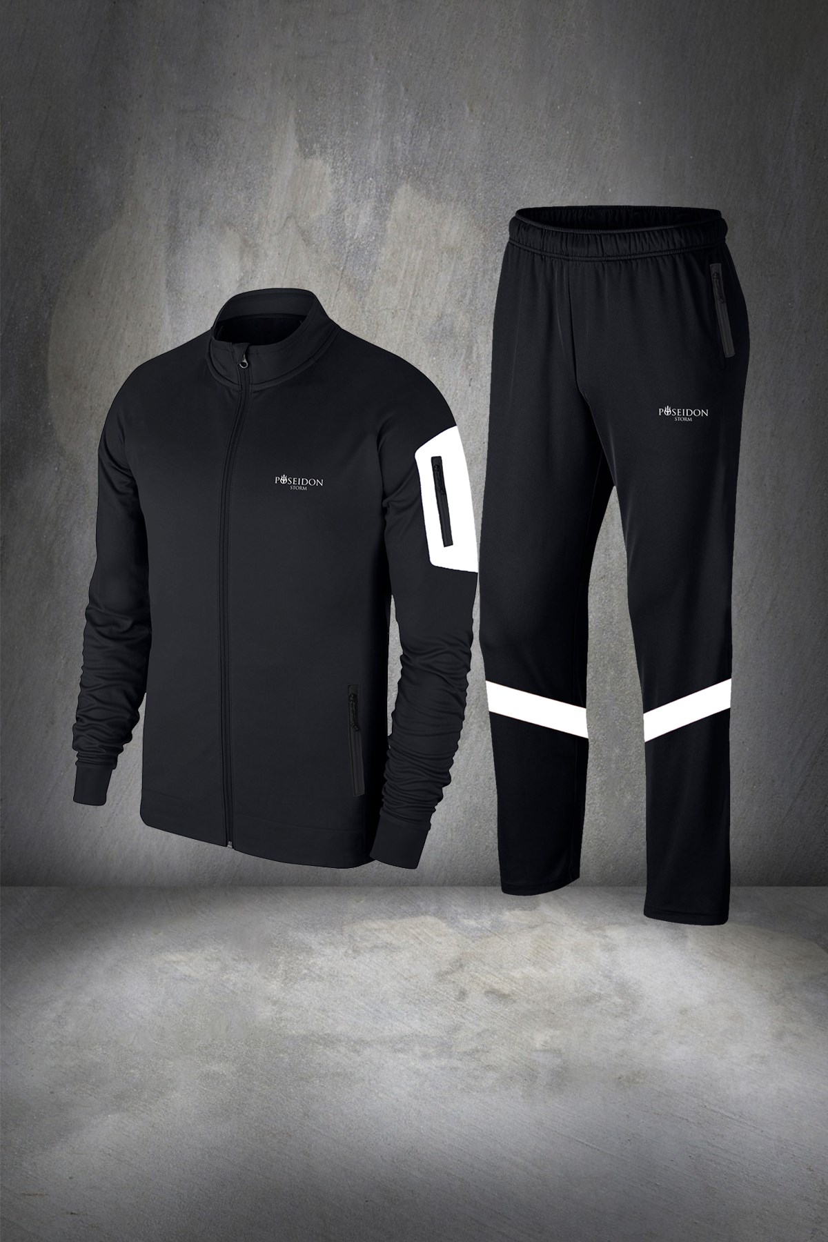 Büyük Beden Erkek Siyah İnterlok Kumaş Cepli Fermuarlı Eşofman Takımı  4XL-10XL