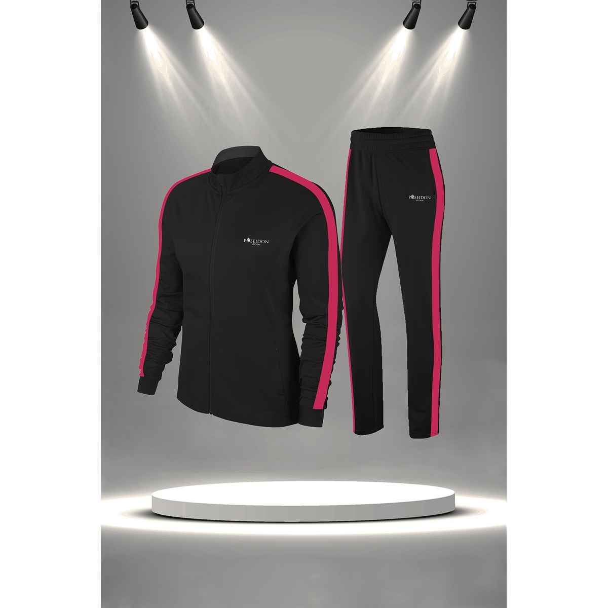 Büyük Beden Kadın Siyah İnterlok Kumaş Fermuarlı Fit Eşofman Takımı 4XL-10XL