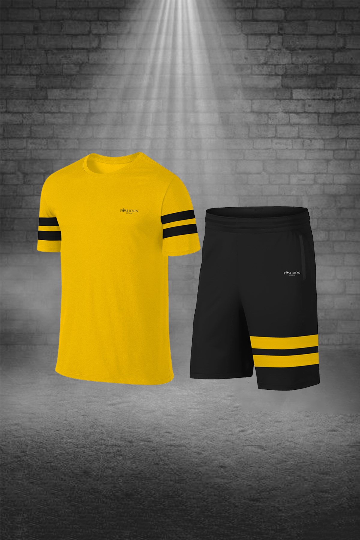 Büyük BedenErkek Sarı Dri-Fit Kumaş Düz Yuvarlak Yaka Kısa Kol Konforlu Tişört Şort Alt Üst İkili Takım Seti   4XL-10XL