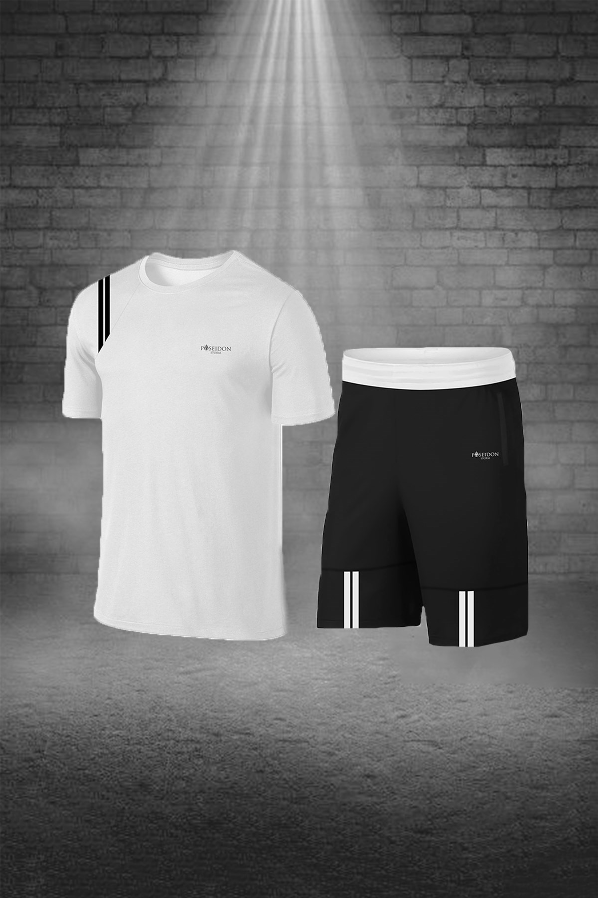 Erkek Beyaz Dri-Fit Kumaş Koşu için Konforlu Cepli Sıfır Yaka Tişört Şort İkili Alt Üst Seti S-3XL