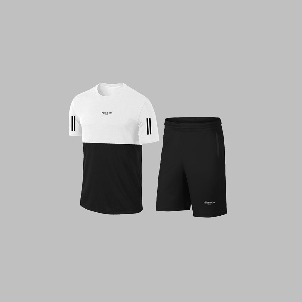 Erkek Beyaz Dri-Fit Kumaş Koşu için Konforlu Cepli Sıfır Yaka Tişört Şort İkili Alt Üst Seti S-3XL