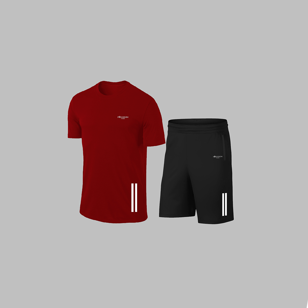 Erkek Bordo Dri-Fit Kumaş Cepli Baskısız Bisiklet Yaka Yürüyüş için Tişört Şort Alt Üst İkili Takım S-3XL