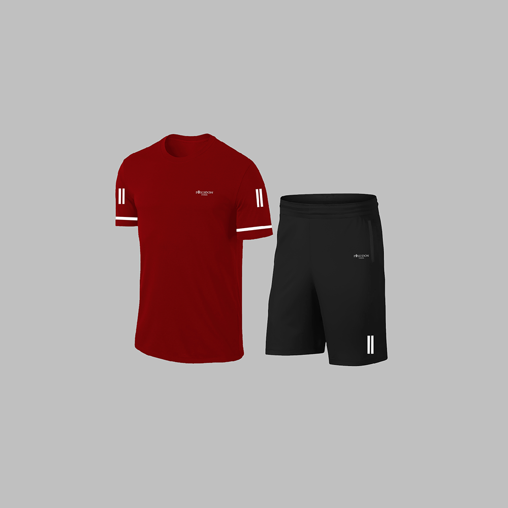 Erkek Bordo Dri-Fit Kumaş Günlük Rahat Kısa Kol Tişört Şort Spor Takım Seti S-3XL