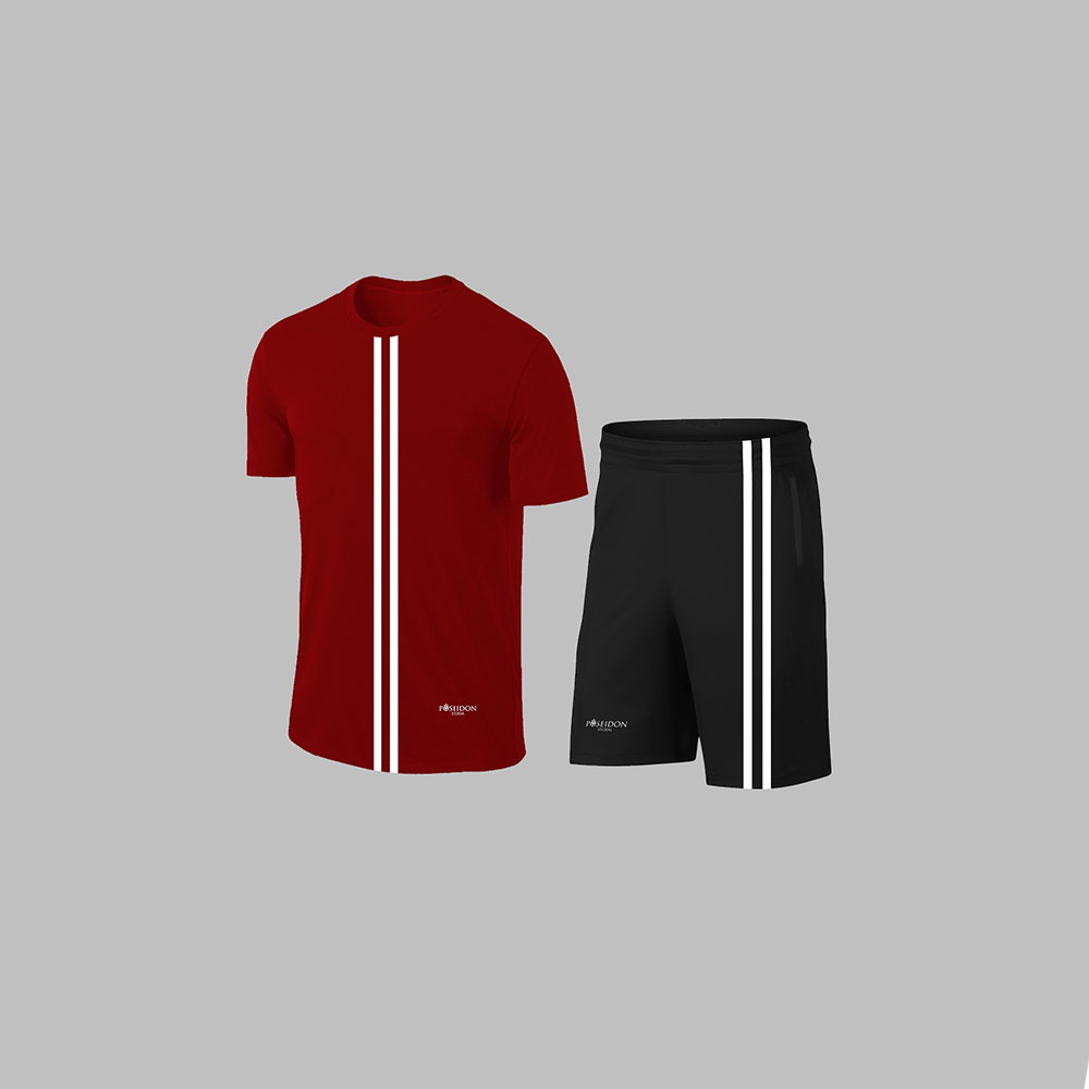 Erkek Bordo Dri-Fit Kumaş Spor için Konforlu Cepli Kısa Kol Tişört Şort İkili Takım S-3XL