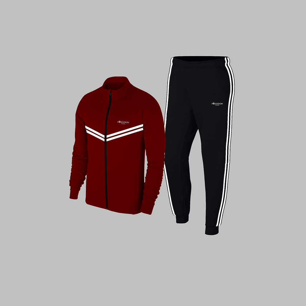Erkek Bordo  Supra Penye Kumaş Fermuarlı Kapüşonlu Koşu ve Yürüyüş Seti S-3XL