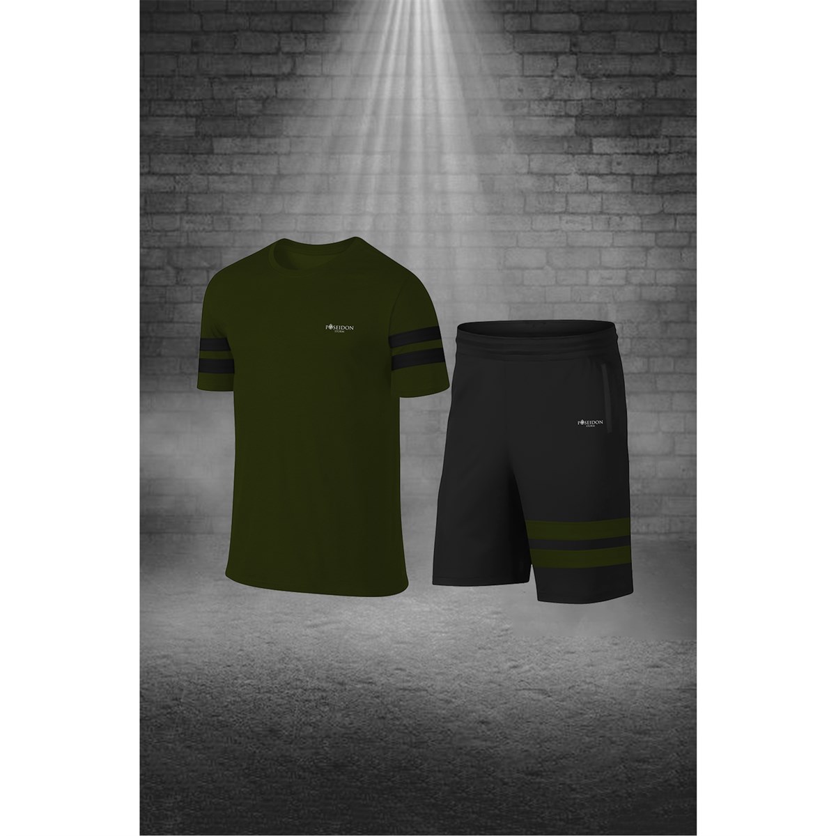 Erkek Haki Dri-Fit Kumaş Baskısız Yuvarlak Yaka Kısa Kol Tişört Şort Alt Üst Spor Takım S-3XL
