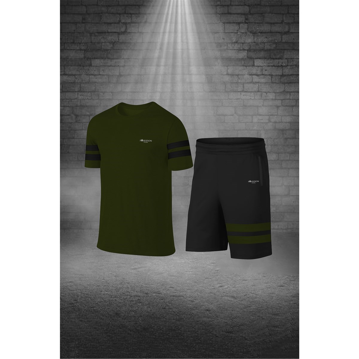 Erkek Haki Dri-Fit Kumaş Baskısız Yuvarlak Yaka Kısa Kol Tişört Şort Alt Üst Spor Takım S-3XL